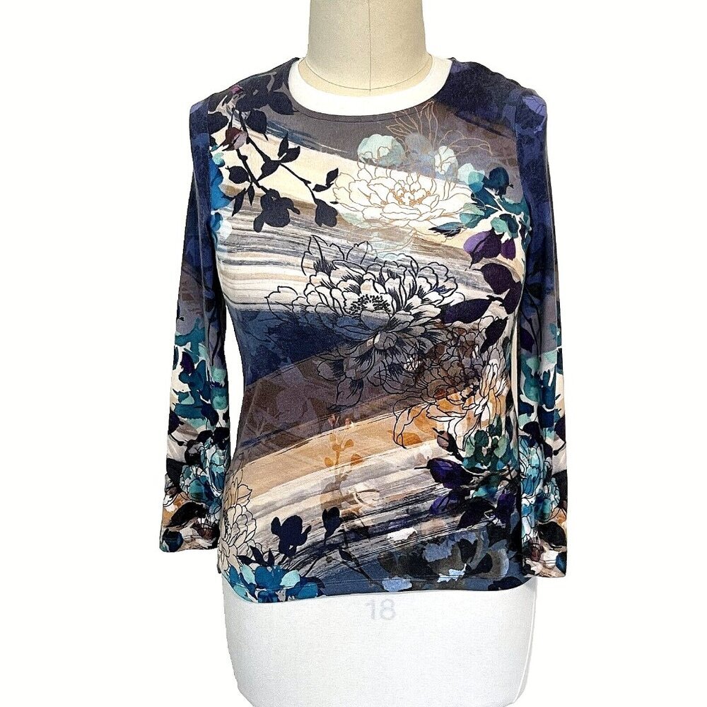 Chico's - Purple, Brown, Teal Mix Long Sleeve Boat Neck Stretch‎ Pullover Blouse